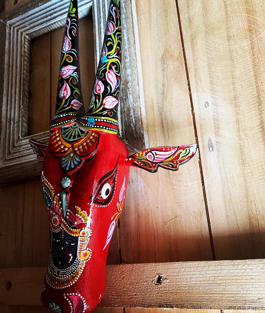 “Divine Folk Grace” Cow Head – Hand-Painted Krishna Tribal Mask Wall Art 🎨