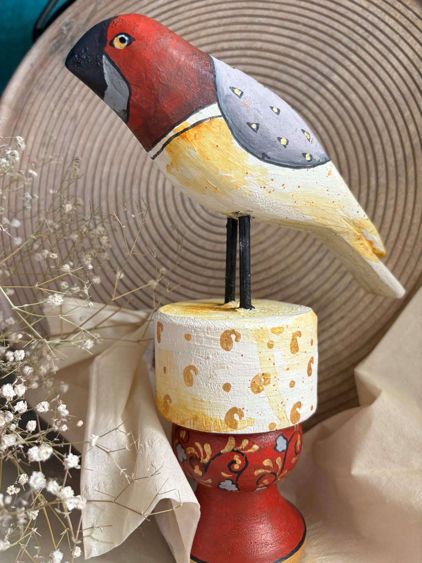 Rustic Finch - Hand-Painted Wooden Bird