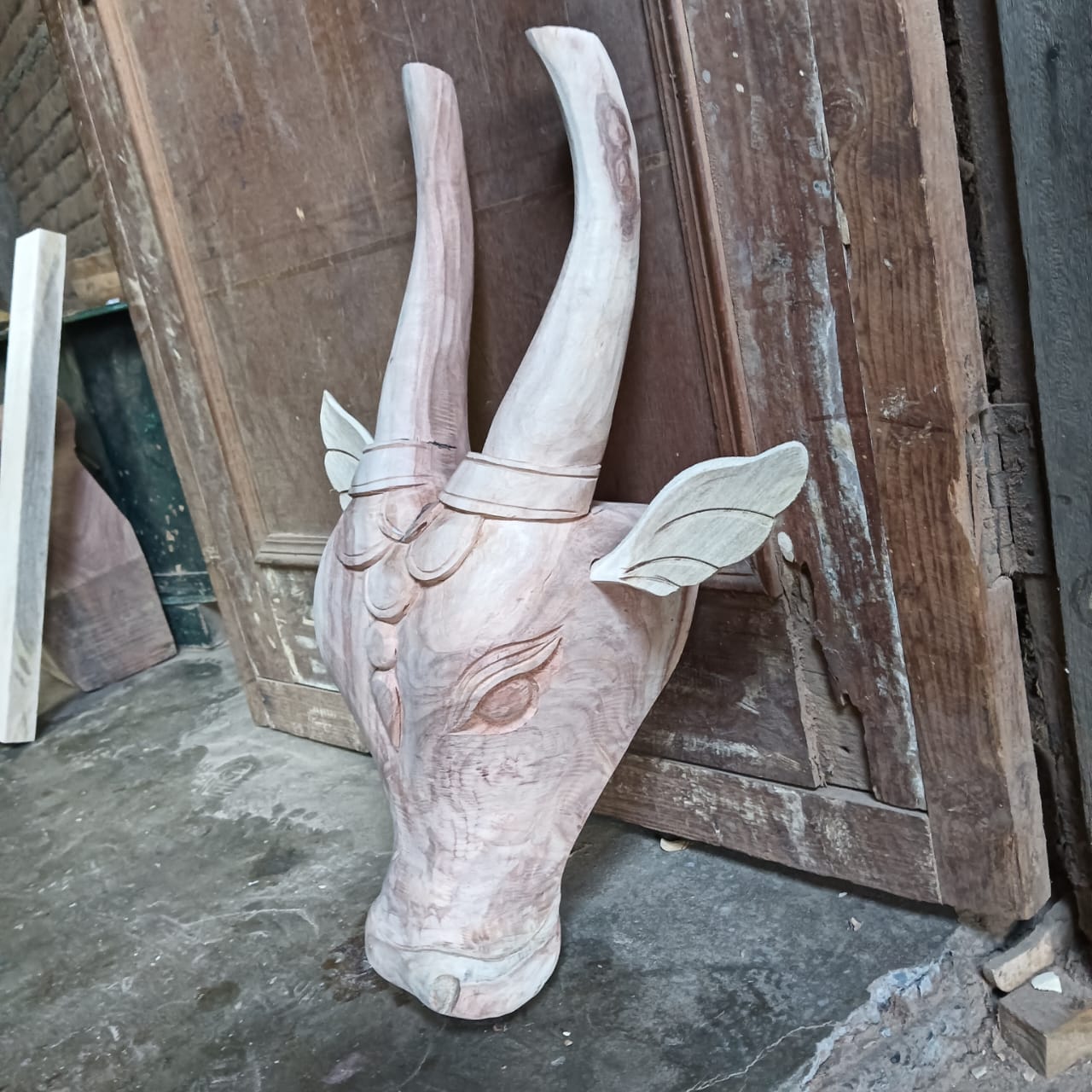 Raw Hand-Carved Wooden Nandi Bull Head