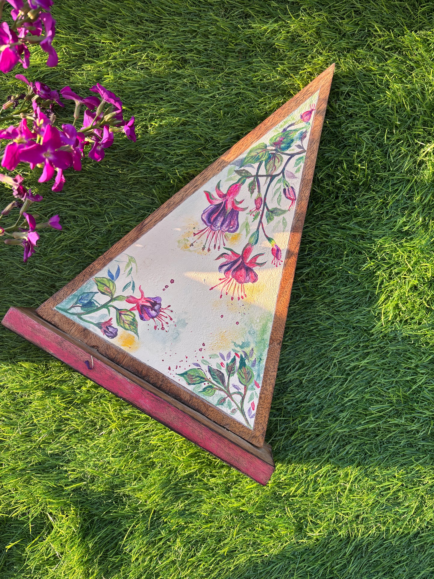 Handcrafted Triangle Wall Art – Fuchsia Whimsy in Bloom 🌸🎨