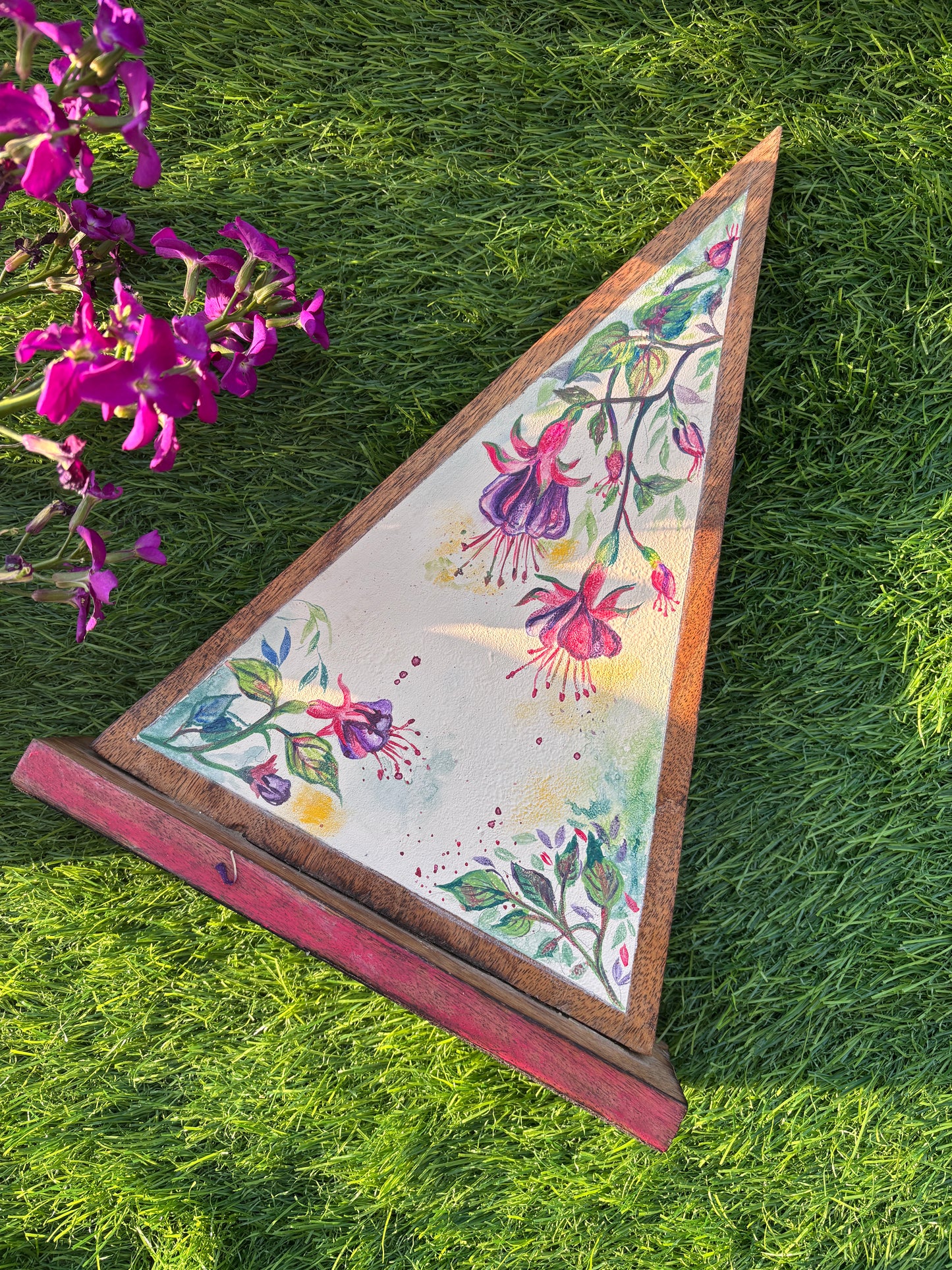 Handcrafted Triangle Wall Art – Fuchsia Whimsy in Bloom 🌸🎨
