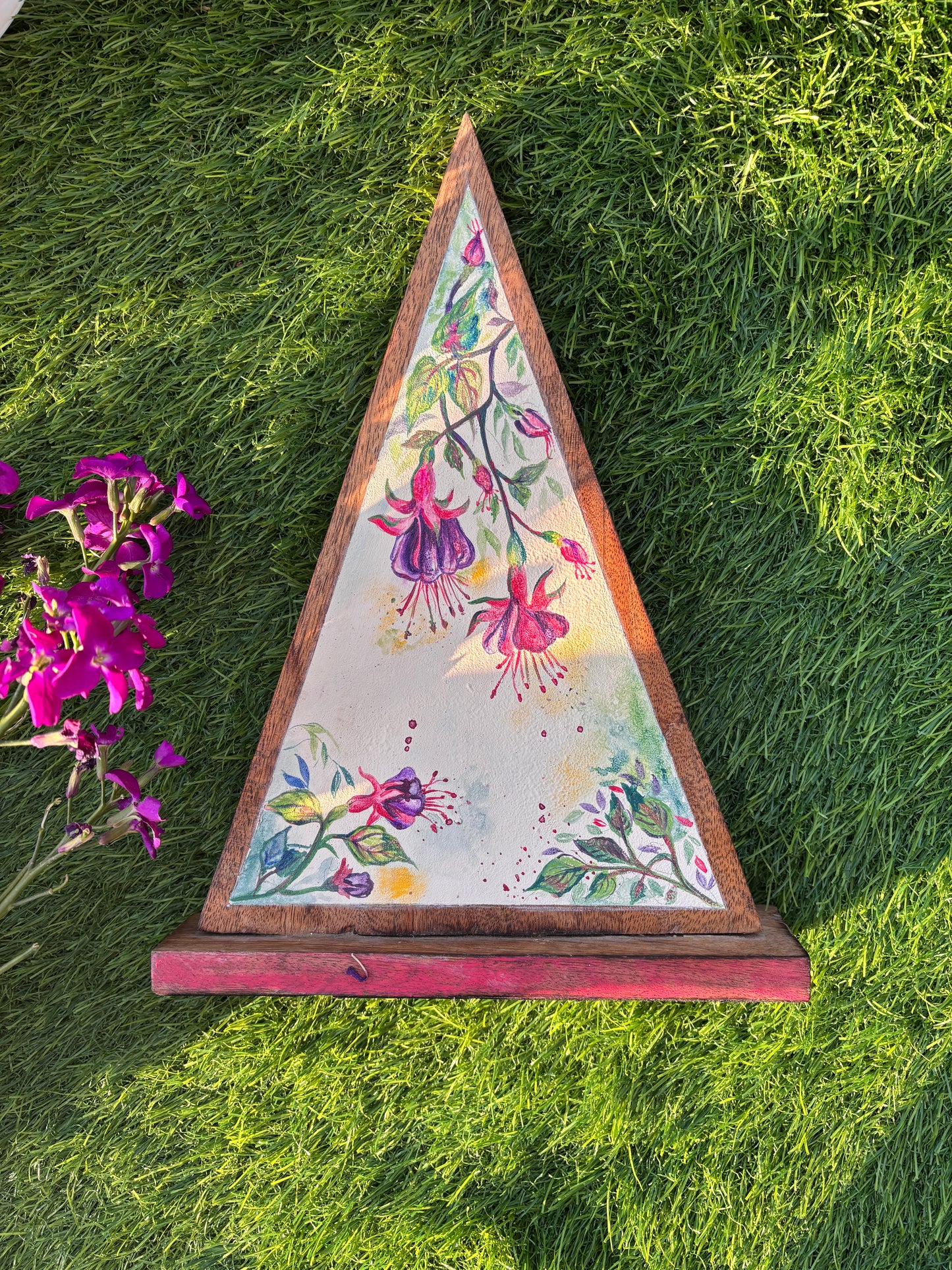 Handcrafted Triangle Wall Art – Fuchsia Whimsy in Bloom 🌸🎨