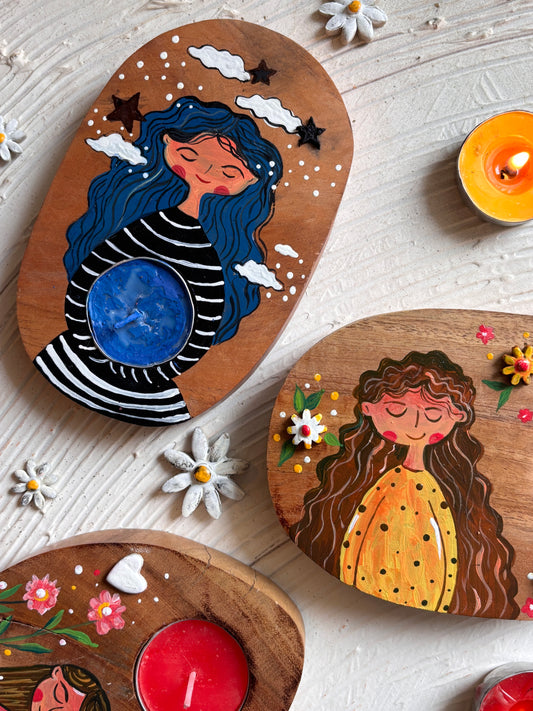 Hand-Painted Tealight Holders – Whimsical Women & Warm Glows 🕯️✨